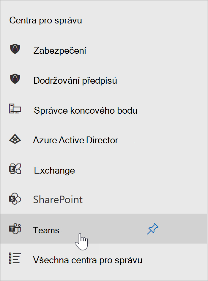 Snímek obrazovky centra pro správu Microsoftu 365 s kurzorem nad vstupním bodem centra pro správu Teams.