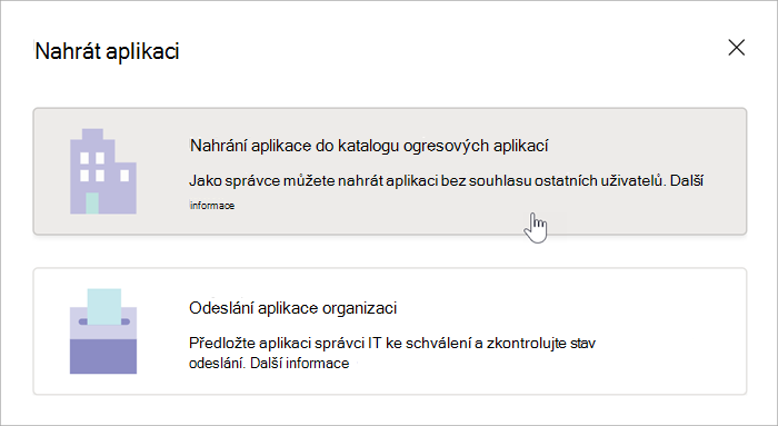 Snímek obrazovky s možnostmi, jak nahrát aplikaci do katalogu Možnosti: Nahrát aplikaci do katalogu aplikací vaší organizace, na který se najede kurzor, a odeslat aplikaci vaší organizaci.