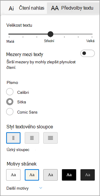 Předvolby textu v Asistivní čtečka pro Microsoft Edge.