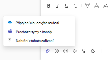 Snímek obrazovky, který ukazuje nabídku Soubor jako příloha s možnostmi nahrání a cloudového souboru.