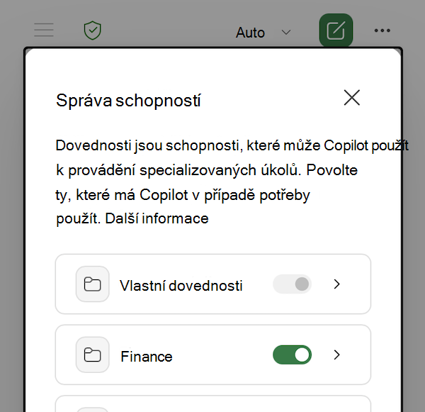Snímek obrazovky s dialogovým oknem pro správu dovedností Copilotu v Excelu.