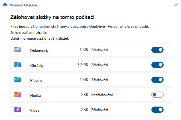 Snímek obrazovky s dialogovým oknem výběru pro zálohování složek OneDrivu
