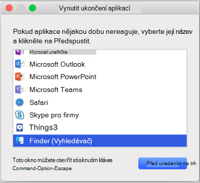 Zobrazuje Finder vybraný v okně Vynutit ukončení aplikací.