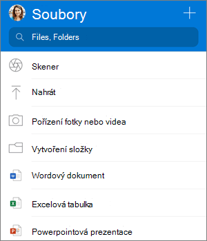 Snímek obrazovky nabídky Přidat v aplikaci OneDrive pro iOS
