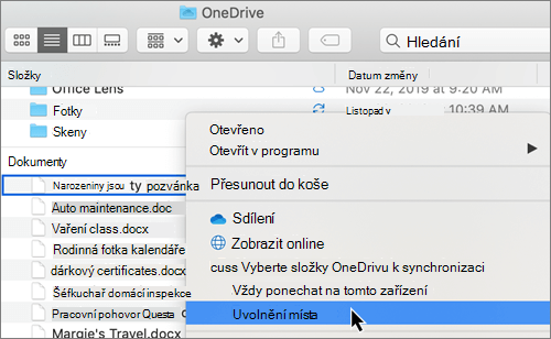 Snímek obrazovky možností OneDrivu Files na vyžádání ve Finderu na Macu
