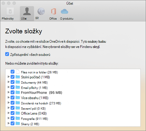 Dialogové okno Zvolit složky v okně Předvolby služby OneDrive pro Mac