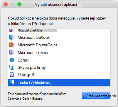 Snímek obrazovky Finderu v dialogovém okně Vynutit ukončení aplikací na Macu