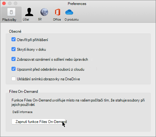 Snímek obrazovky s předvolbami OneDrivu Files na vyžádání pro Mac