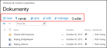 Pomocí panelu rychlých příkazů v Office 365 můžete zahájit aktivity v knihovně dokumentů OneDrive pro firmy nebo týmovém webu SharePointu Online.