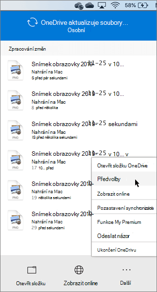 Snímek obrazovky s nastavením osobních preferencí OneDrivu