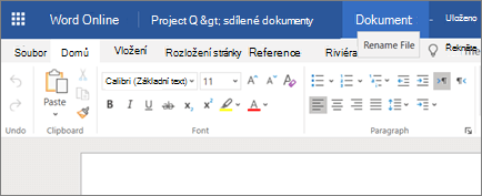 Kliknutím na záhlaví změníte název dokumentu Wordu Online.
