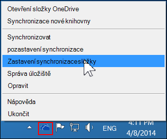 Příkaz Zastavení synchronizace složky v nabídce OneDrivu pro firmy