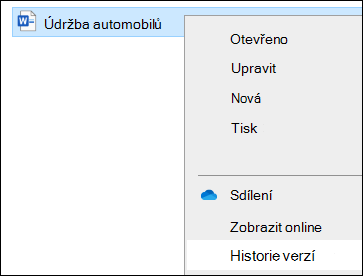 Nabídka Průzkumník souborů s možností Historie verzí