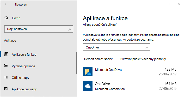 OneDrive v nastavení aplikace pro Windows