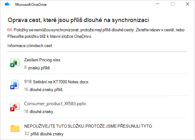 Snímek obrazovky se seznamem cest k souborům na OneDrivu