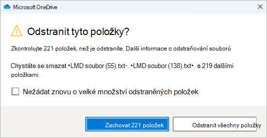 Snímek obrazovky s potvrzovací výzvou OneDrivu pro odstranění velkého počtu souborů