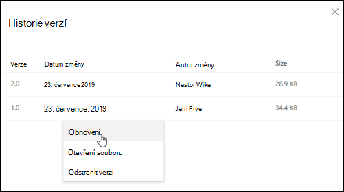 Podokno Historie verzí