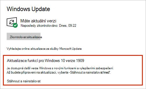 služba služba Windows Update zobrazující umístění aktualizace funkcí