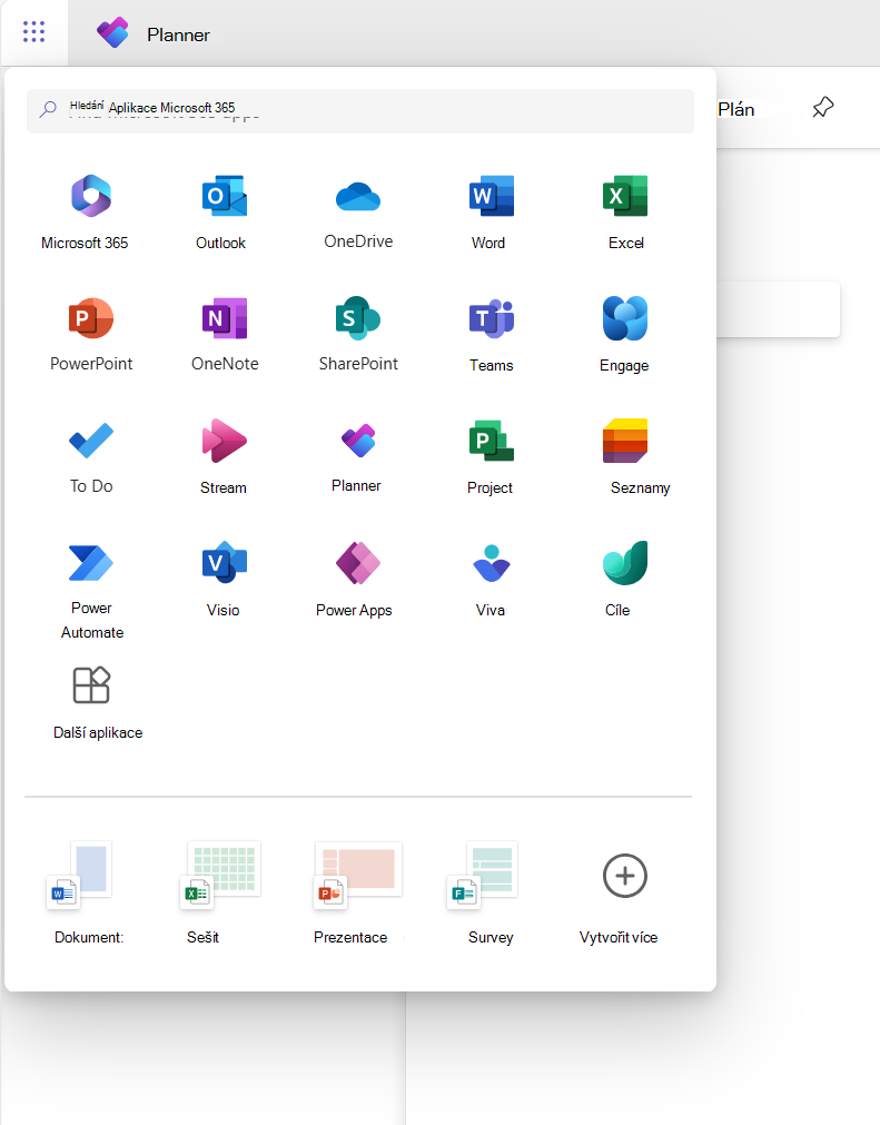 Spouštěč aplikací Microsoft 365