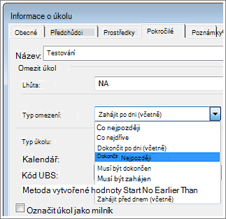 Dialogové okno Informace o úkolu, nabídka Typ omezení