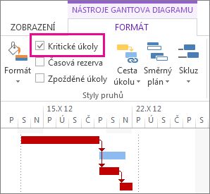 Critical Tasks check box on the ribbon and highlighted Gantt bars in Project 2013