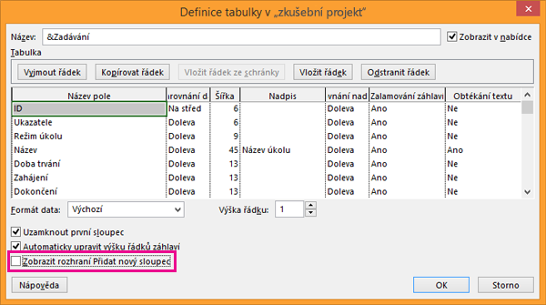 Table Definition dialog box