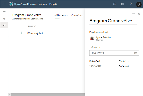 The New Project pane in Project with a project name and date added