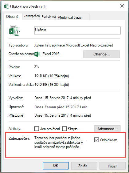 Kliknutím pravým tlačítkem myši na soubor v Průzkumníku Windows makra odblokujete.