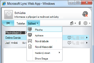 Nabídka Sdílet Lync Web Appu