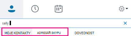 Když začnete psát do vyhledávacího pole ve Skypu pro firmy, změní se spodní karty na vlastní kontakty a adresář Skypu.