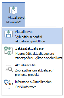 Snímek obrazovky s dialogem Možnosti aktualizace