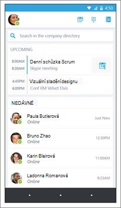 Domovská obrazovka Skypu pro firmy pro Android