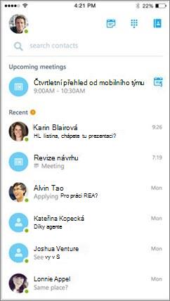 Domovská obrazovka aplikace Skype pro firmy pro iOS