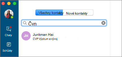 Snímek obrazovky s kartou Kontakty se zadaným hledaným textem a zobrazeným výsledkem hledání