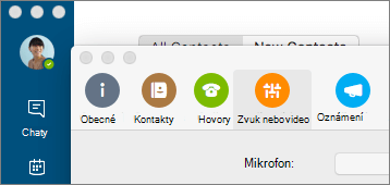 Snímek obrazovky Předvolby aplikace Skype pro firmy s vybraným podoknem Zvuk a video