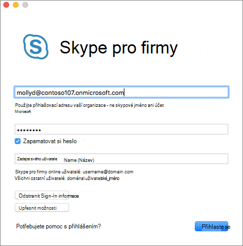 Přihlašovací obrazovka Skypu pro firmy pro Mac