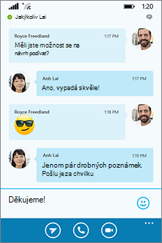 Nový vzhled a chování Skypu pro firmy pro Windows Phone – okno konverzace