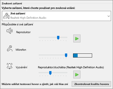Vlastní nastavení – reproduktor, mikrofon a vyzvánění – pro zvukové zařízení