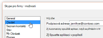Okno Možnosti v Skype pro firmy s vybranou kartou Osobní.
