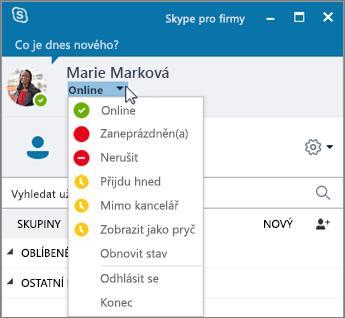 Snímek obrazovky s oknem Skypu pro firmy a s otevřenou nabídkou Stav.