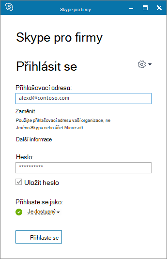 Snímek obrazovky s přihlašovací obrazovkou Skypu pro firmy.