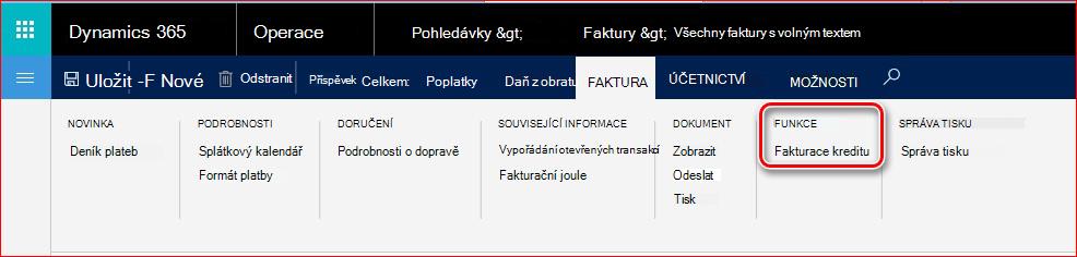 Tento obrázek ukazuje, jak najít funkce pro fakturaci kreditu.