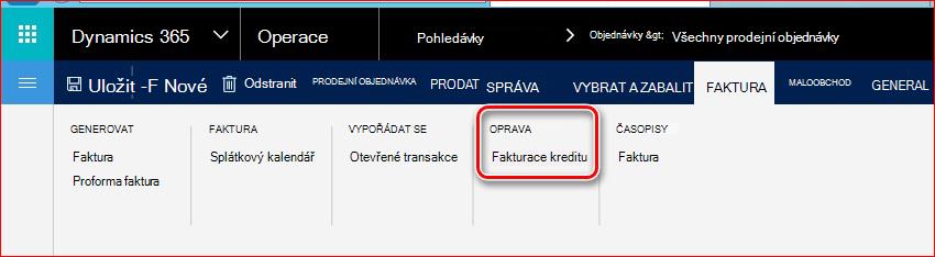 Tento obrázek ukazuje, jak najít funkce pro fakturaci kreditu.