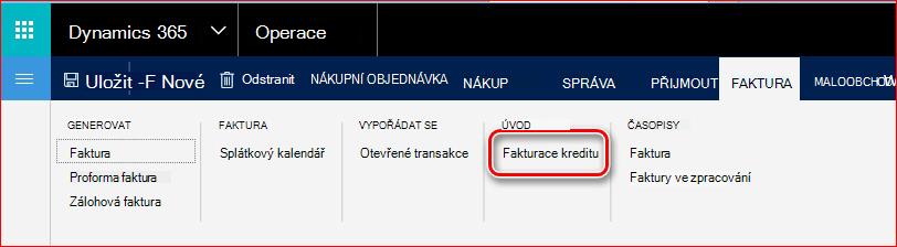Tento obrázek ukazuje, jak najít funkce pro fakturaci kreditu.