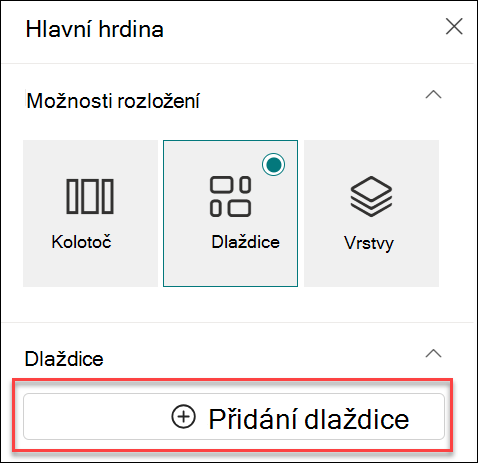 Snímek obrazovky Přidání dlaždice pro webovou část Hlavní banner