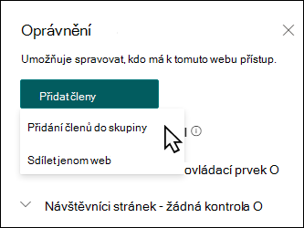 Tlačítko Přidat členy zobrazující rozevírací seznam