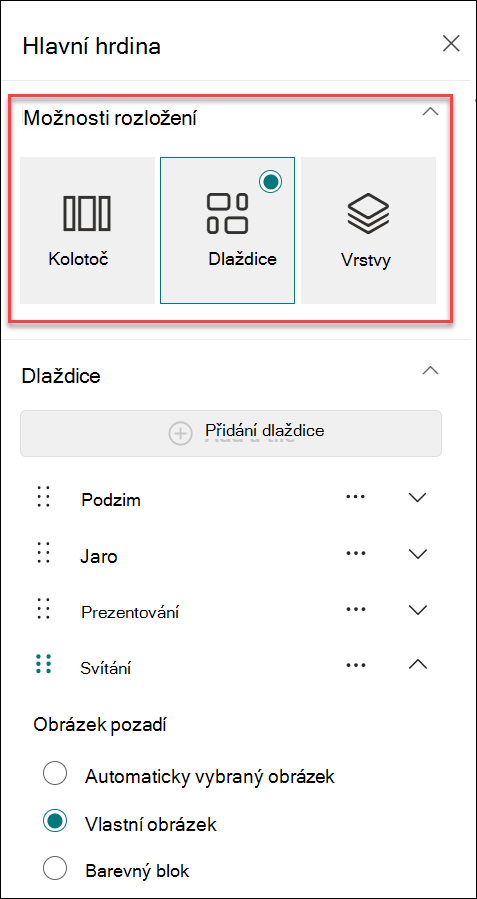 Snímek obrazovky s podoknem vlastností Změnit rozložení
