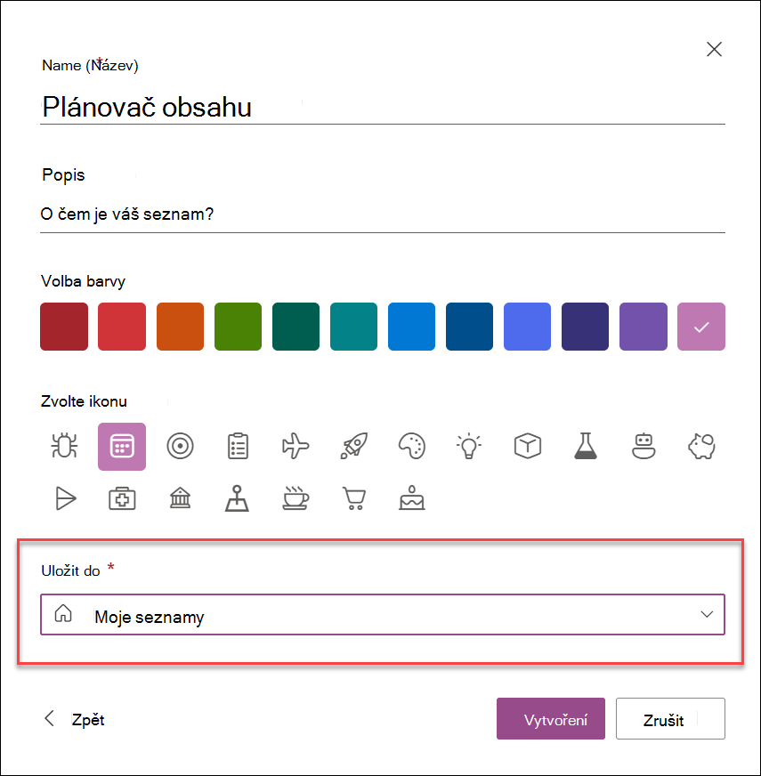 Snímek obrazovky s vytvořením seznamu v aplikaci Seznamy