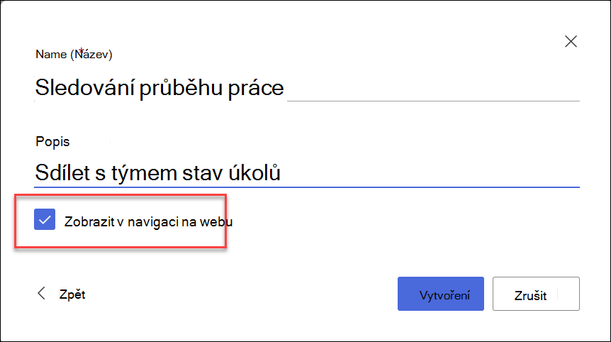 Snímek obrazovky s vytvořením seznamu z webu služby SharePoint