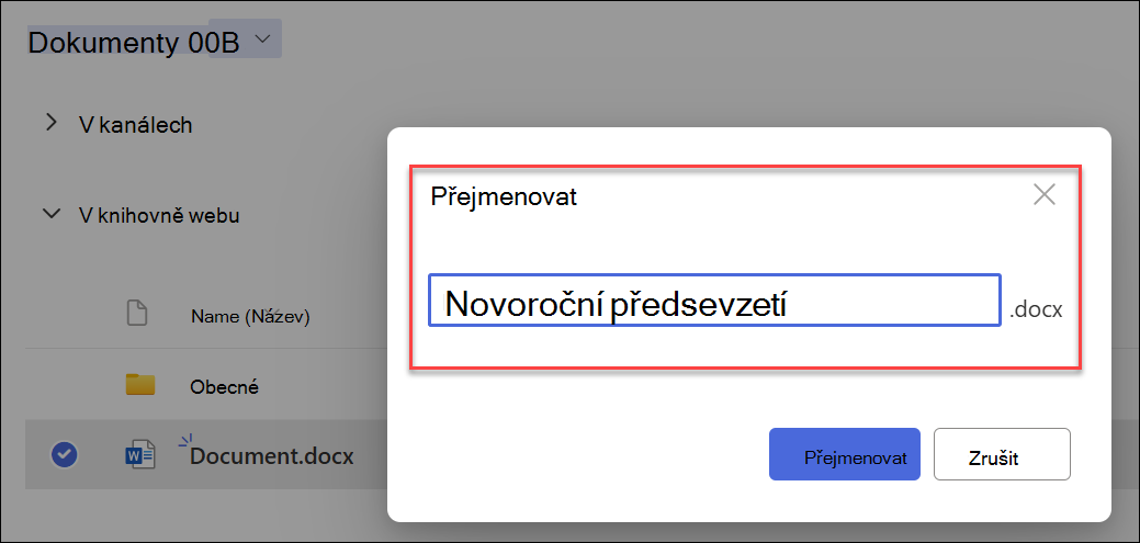 snímek obrazovky pro zadání nového názvu